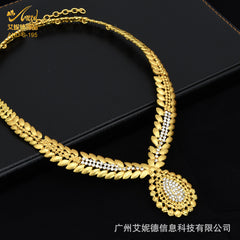 Renevo Hot Selling Dubai Diamond 24K Gold Jewelry Suit Bridal Necklace Bracelet Earrings Four-Piece Ring Set