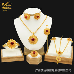 Renevo Dubai 24K Jewelry Suit Necklace Earring Ring Bracelet Hairpin Head Chain Six-Piece Set Seobia Women's