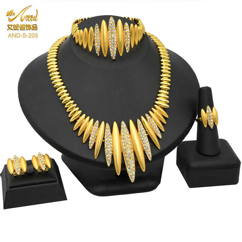 Renevo African Gold Jewelry Suit Women's Dubai Bridal Ornament Necklace Bracelet Earrings Four-Piece Ring Set in Stock Lot