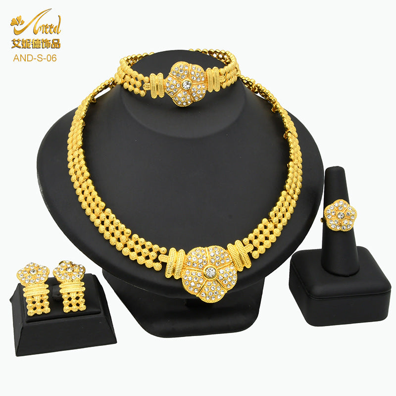 Renevo Dubai 24K Gold Accessories African Bridal Jewelry Suit Saudi Women Necklace Bracelet Earrings Four-Piece Ring Set