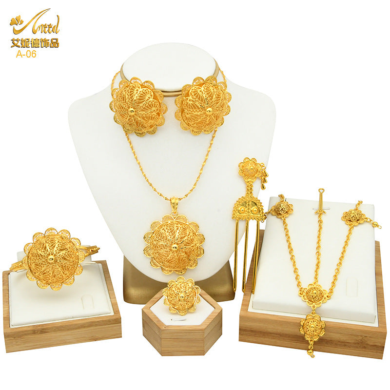 Renevo New Dubai 24K Gold Jewelry Suit African Bridal Necklace Earring Ring Bracelet Hairpin Head Chain Six-Piece Set