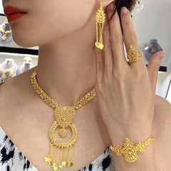 Renevo Middle East Dubai Wedding, Marriage Jewelry Suit National Style Brass Gold Plated Faux Gold Necklace Earrings Ring Bracelet