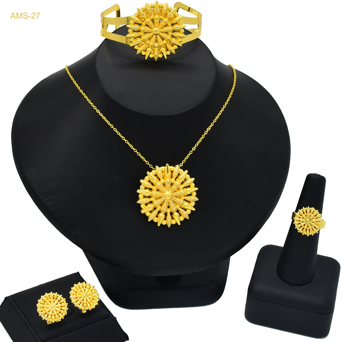 Renevo 24K Gold-Plated Jewelry Suit Flower Three-Petal Grass Pendant Necklace Earrings Bangle Suit Ring Fashion Ornament