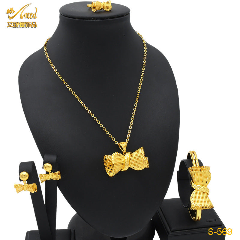 Renevo 2023 Dubai 24K Gold-Plated Flowers Hollow Jewelry Suit Necklace Earring Bracelet Ring Middle East Dubai Ornament