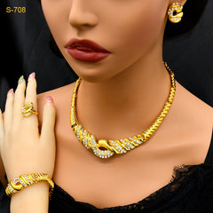 Renevo 24K Dubai Gold Copper Alloy Material African Popular Exaggerated Necklace Earring Bracelet Four-Piece Ring Set