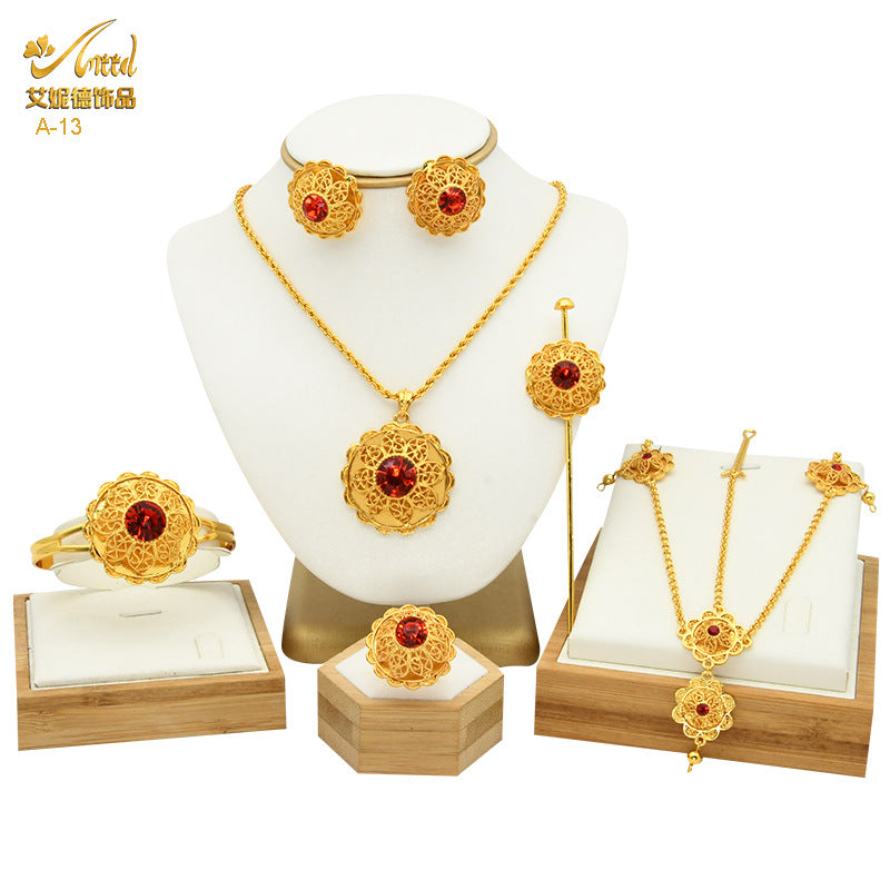 Renevo Vietnam Placer Gold Plated Alloy Jewelery Suit African Bride Ornament Ethiopia Women's Six-Piece Set