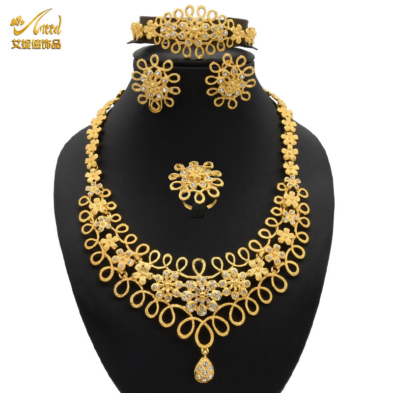 Renevo 24K Gold Dubai Hot Bridal Four-Piece Set Flower Jewelry African Alloy Necklace Bracelet Earrings Ring