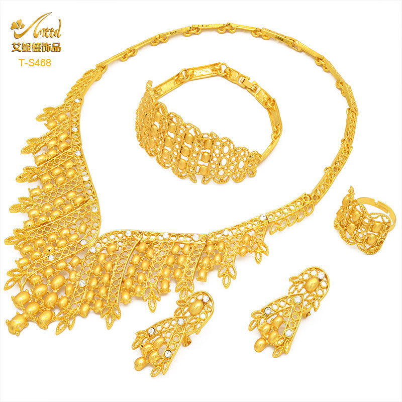 Renevo Hot Selling Four-Piece Set India Dubai Alluvial Gold Jewelry Necklace Bracelet Ring Earrings Bridal Wedding Big Jewelry