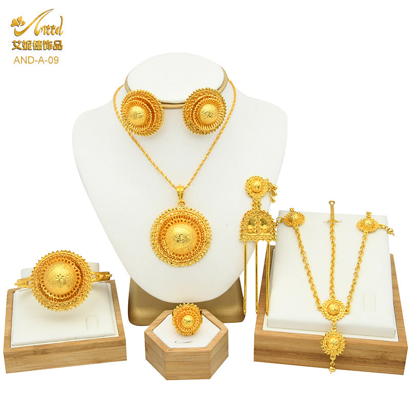 Renevo New Dubai 24K Gold Jewelry Suit African Bridal Necklace Earring Ring Bracelet Hairpin Head Chain Six-Piece Set