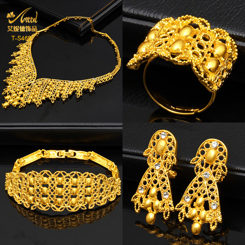 Renevo Hot Selling Four-Piece Set India Dubai Alluvial Gold Jewelry Necklace Bracelet Ring Earrings Bridal Wedding Big Jewelry