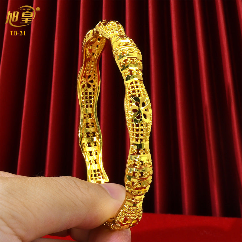 Renevo Hot Selling Women's Alluvial Gold Bracelet Bangles 24K Gold-Plated Hollow Carved Totem Bridal Bracelet