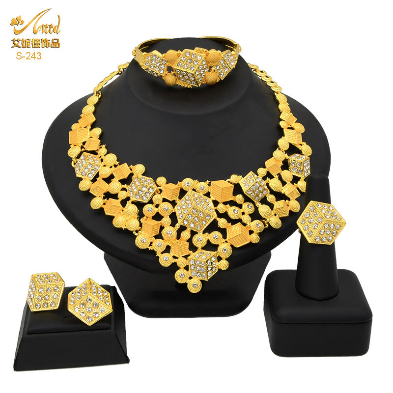 Renevo Dubai 24K Gold Plated Bride Necklace Ring Earring Bracelet Four-Piece Set Arab Women's Wedding Jewelry Suit