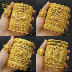 Renevo Open Copper Bracelet Ring Suit Dubai Hollow Carved Gold Plated Ornament Bridal Alluvial Gold Jewelry Manufacturer