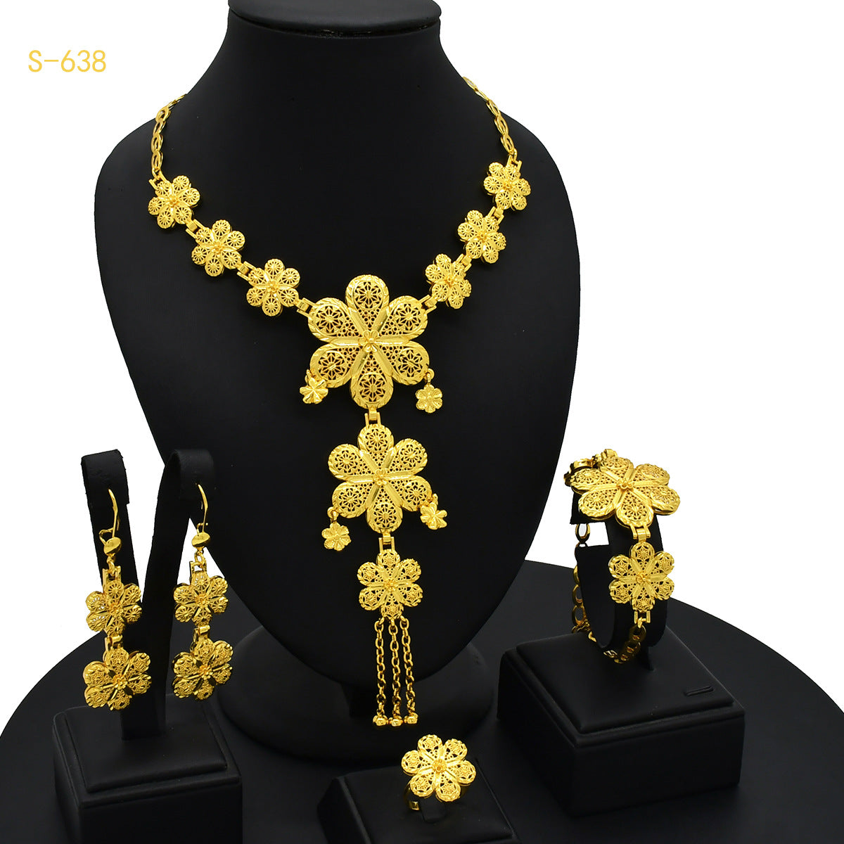 Renevo 2023 Dubai 24K Gold-Plated Flowers Hollow Jewelry Suit Necklace Earring Bracelet Ring Middle East Dubai Ornament