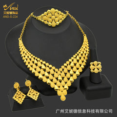 Renevo Nigeria Dubai 24K Gold Jewelry Suit Bridal Necklace Bracelet Earrings Four-Piece Ring Set