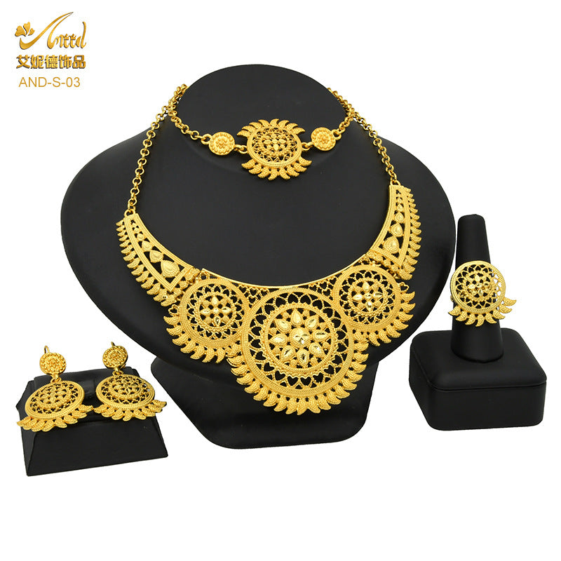 Renevo Nigeria Dubai 24K Gold Jewelry Suit Bridal Necklace Bracelet Earrings Four-Piece Ring Set