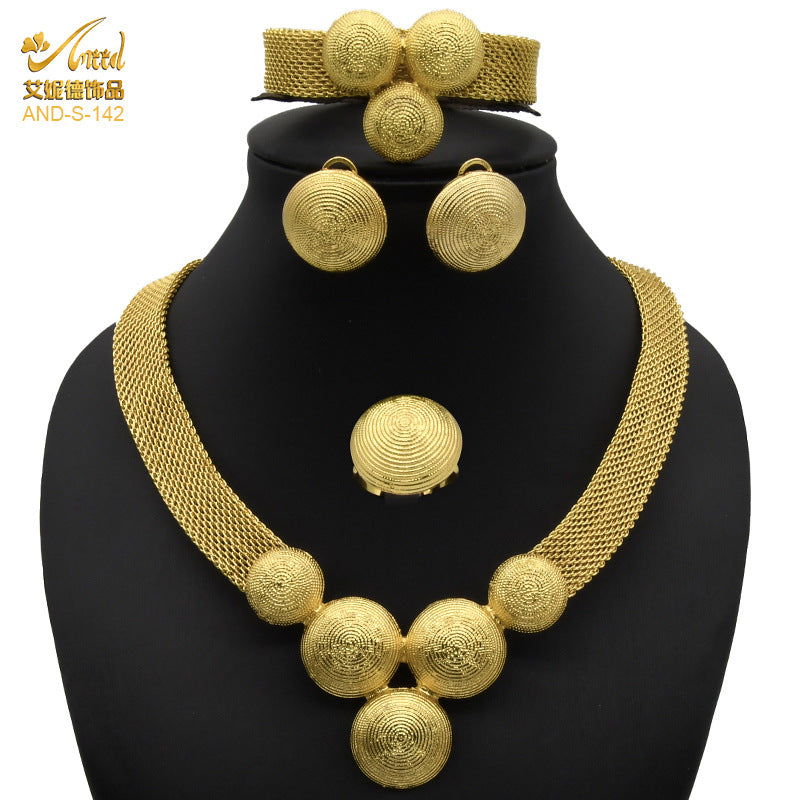 Renevo 24K Dubai Gold Accessories Bridal Necklace Bracelet Earrings Four-Piece Ring Set African Women's Jewelry Suit