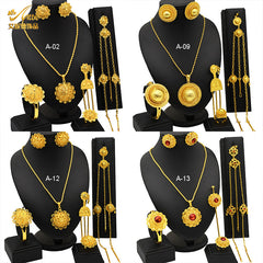 Renevo New Dubai 24K Gold Jewelry Suit African Bridal Necklace Earring Ring Bracelet Hairpin Head Chain Six-Piece Set