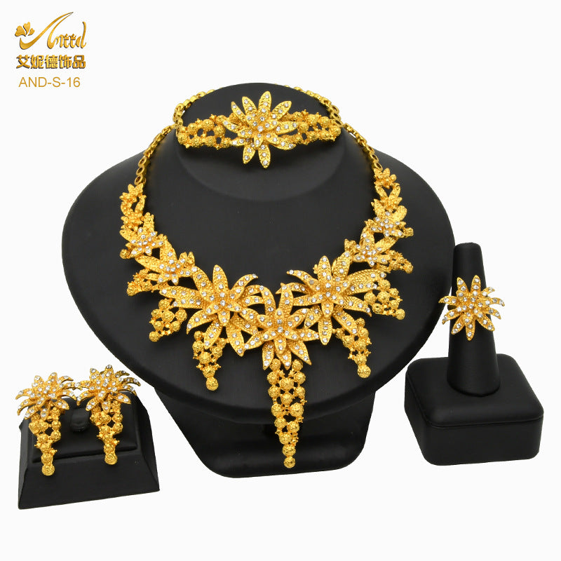 Renevo Dubai 24K Gold Accessories African Bridal Jewelry Suit Saudi Women Necklace Bracelet Earrings Four-Piece Ring Set