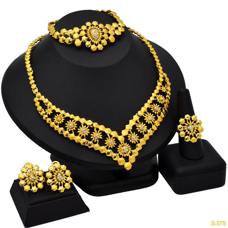 Renevo 24K Dubai Gold Jewelry Suit African Popular Jewelry Earrings Four-Piece Set Factory in Stock