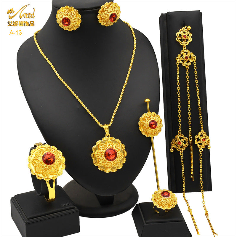 Renevo New Dubai 24K Gold Jewelry Suit African Bridal Necklace Earring Ring Bracelet Hairpin Head Chain Six-Piece Set