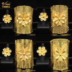 Renevo 24K Gold-Plated Flowers Bracelet & Ring Set Dubai India Nigeria Bridal Hollow out Alluvial Gold Bracelet