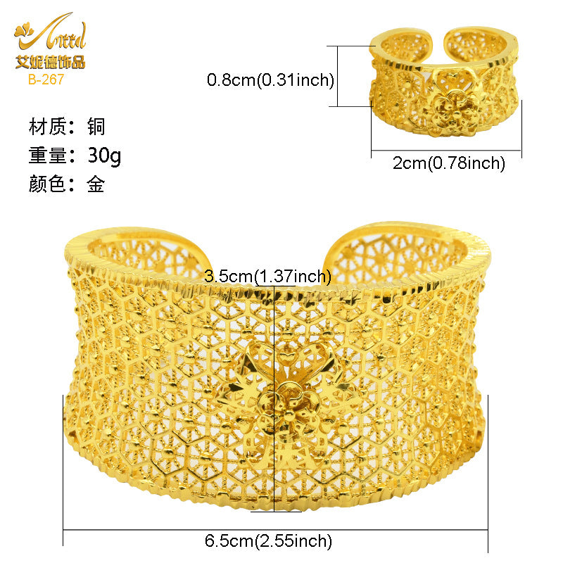 Renevo Gold-Plated Open Copper Bracelet Suit National Wind Sand Gold Accessories Wedding Bride Bracelet & Ring Set Suit