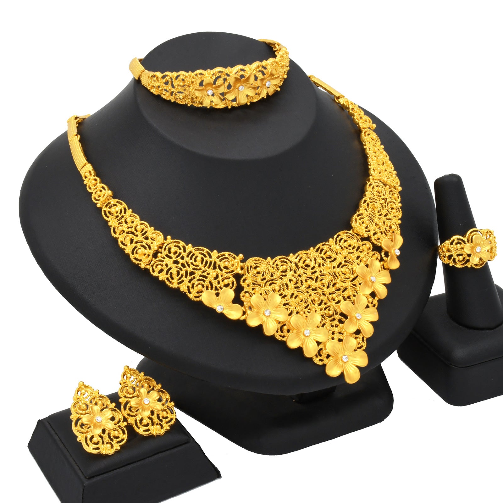 Renevo Hot Selling Four-Piece Set India Dubai Alluvial Gold Jewelry Necklace Bracelet Ring Earrings Bridal Wedding Big Jewelry