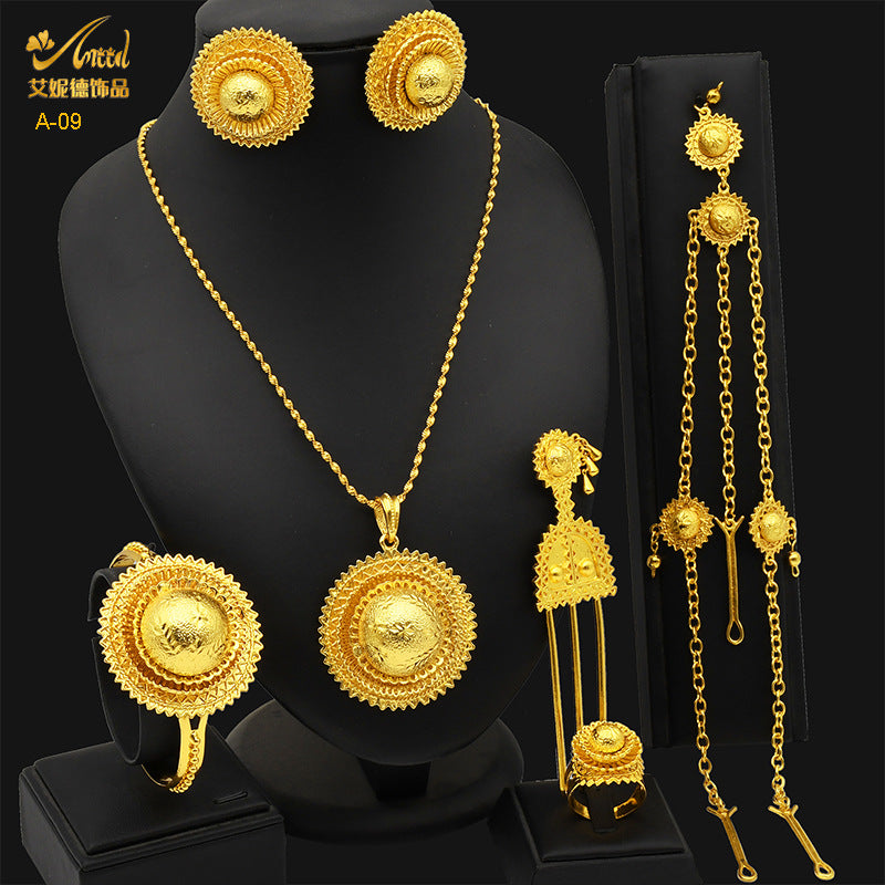 Renevo Dubai Bride 24K Ethiopia Necklace Ring Earrings Bracelet Hairpin Hairpin Six-Piece Set in Stock