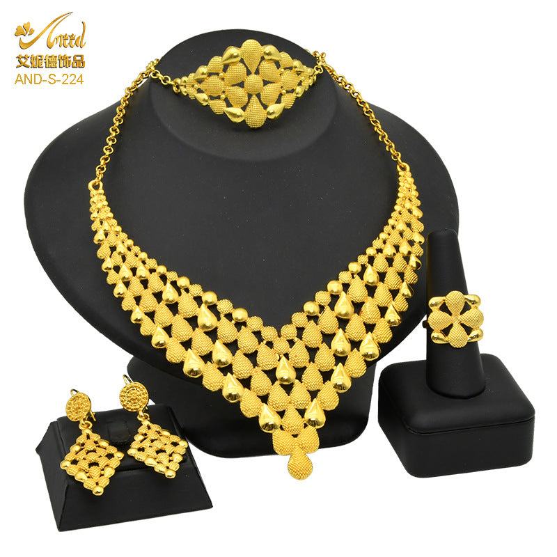 Renevo Nigeria Dubai 24K Gold Jewelry Suit Bridal Necklace Bracelet Earrings Four-Piece Ring Set