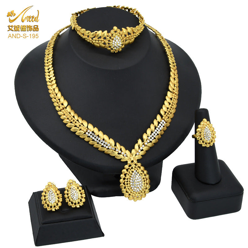 Renevo Hot Selling Dubai Diamond 24K Gold Jewelry Suit Bridal Necklace Bracelet Earrings Four-Piece Ring Set