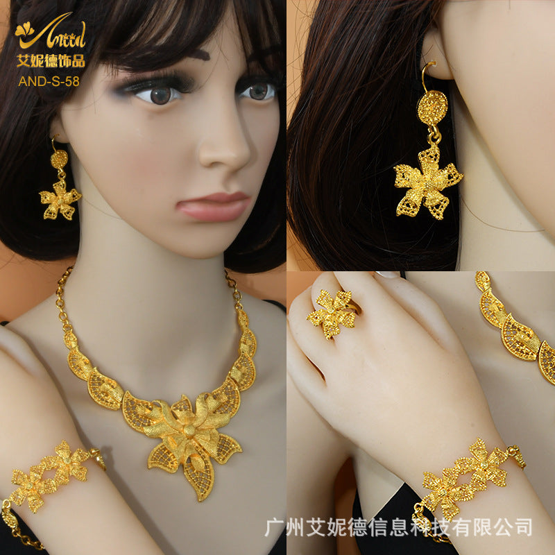 Renevo 24K Dubai Gold Accessories Bridal Necklace Bracelet Earrings Four-Piece Ring Set African Women's Jewelry Suit