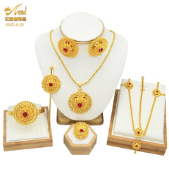 Renevo Hot-Selling Ornament Bridal Ruby Six-Piece Set Dubai Gold-Plated Necklace Earrings Bracelet Ring Headdress