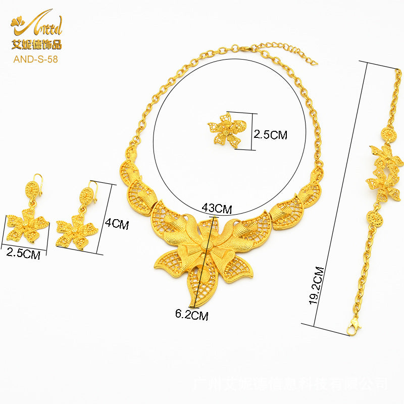 Renevo 24K Dubai Gold Accessories Bridal Necklace Bracelet Earrings Four-Piece Ring Set African Women's Jewelry Suit