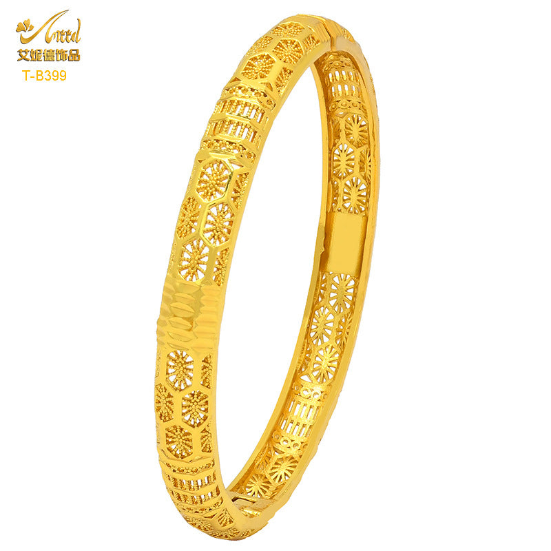 Renevo Hot Selling Women's Alluvial Gold Bracelet Bangles 24K Gold-Plated Hollow Carved Totem Bridal Bracelet