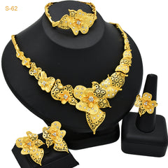 Renevo Delivery Dubai 24K Gold Jewelry Suit Women's Indian Bridal Wedding Necklace Earring Ring Bracelet Four-Piece Set