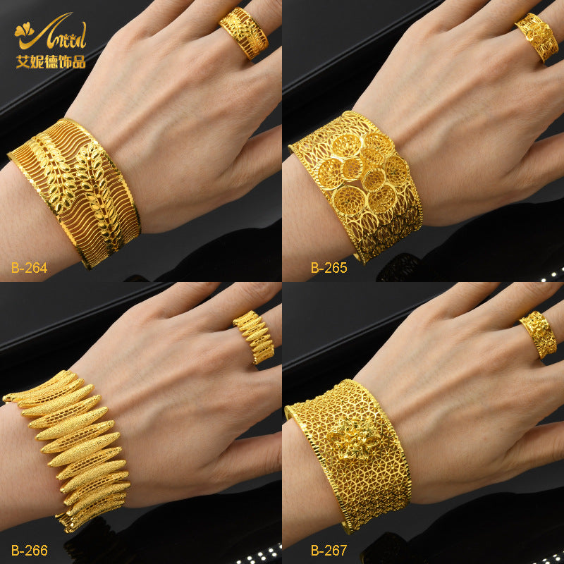 Renevo Gold-Plated Open Copper Bracelet Suit National Wind Sand Gold Accessories Wedding Bride Bracelet & Ring Set Suit