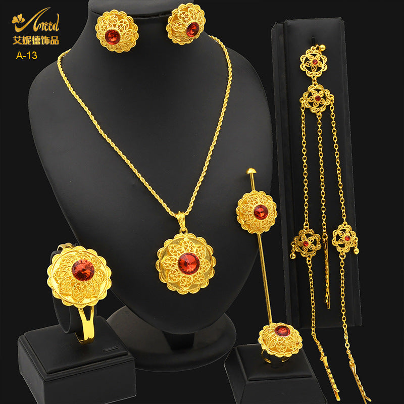 Renevo Dubai Bride 24K Ethiopia Necklace Ring Earrings Bracelet Hairpin Hairpin Six-Piece Set in Stock