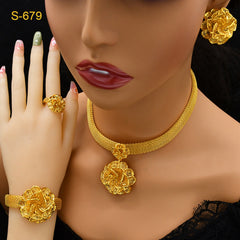 Renevo Hot Selling Dubai Gold Jewelry Middle East Women's Necklace Earring Ring Bracelet Not Easy to Fade Four-Piece Set in Stock