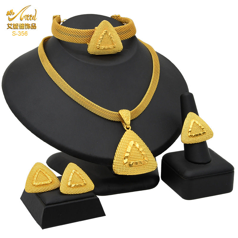 Renevo 24K Dubai Gold Accessories Bridal Necklace Bracelet Earrings Four-Piece Ring Set African Women's Jewelry Suit