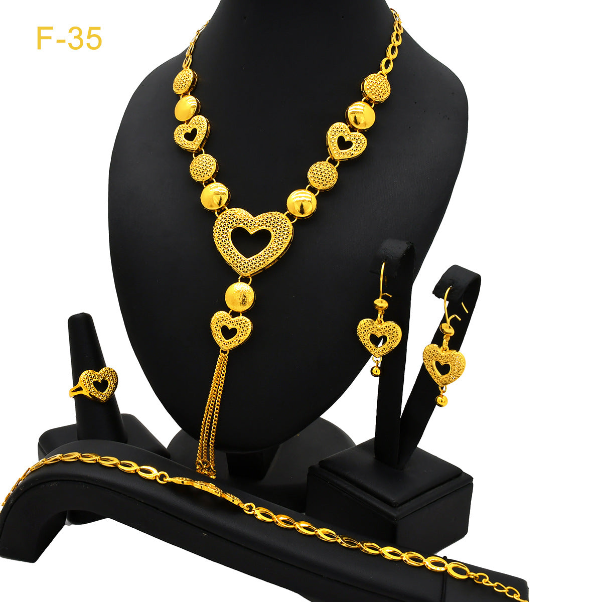 Renevo 2023 Hot Selling Dubai Copper-Plated Gold Long Necklace Earring Bracelet Ring Suit Jewelry Set Women's Jewelry