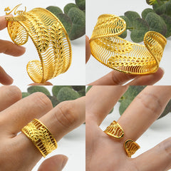 Renevo Gold-Plated Open Copper Bracelet Suit National Wind Sand Gold Accessories Wedding Bride Bracelet & Ring Set Suit