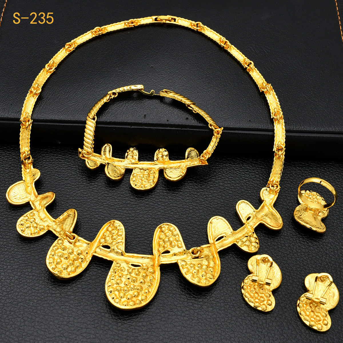 Renevo 24K Gold Dubai Saudi Women's Jewelry Indian Bridal Wedding Necklace Earring Ring Bracelet Four-Piece Set Ornament