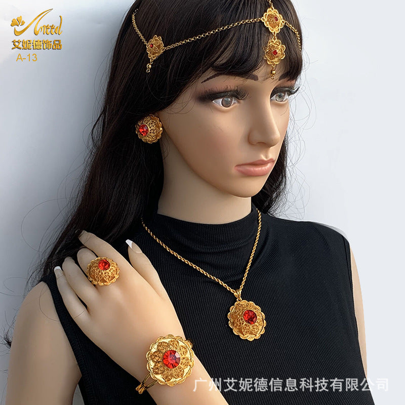 Renevo Dubai 24K Jewelry Suit Necklace Earring Ring Bracelet Hairpin Head Chain Six-Piece Set Seobia Women's