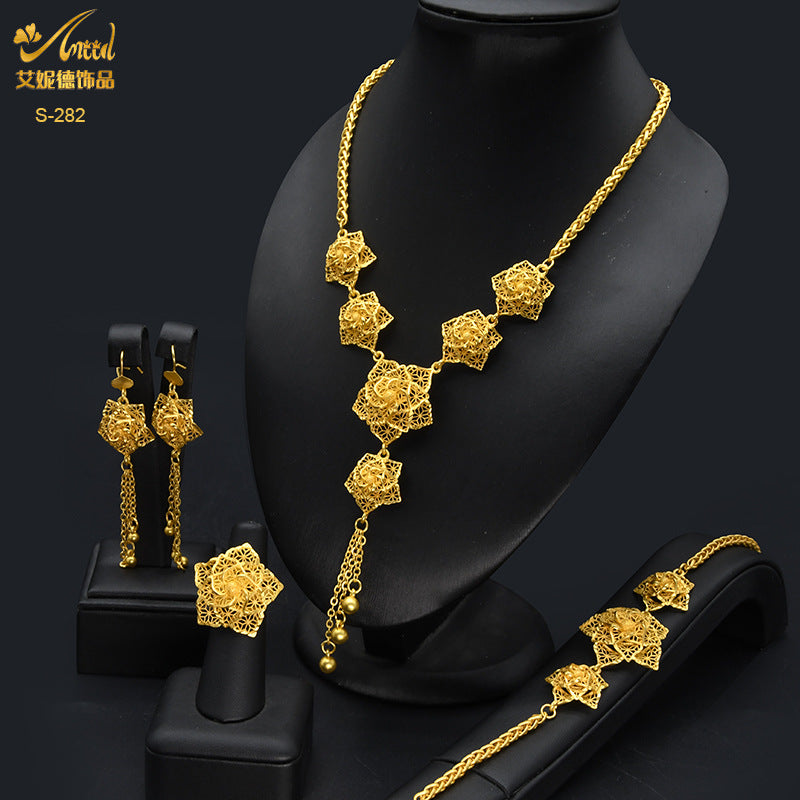 Renevo 2023 Dubai 24K Gold-Plated Flowers Hollow Jewelry Suit Necklace Earring Bracelet Ring Middle East Dubai Ornament