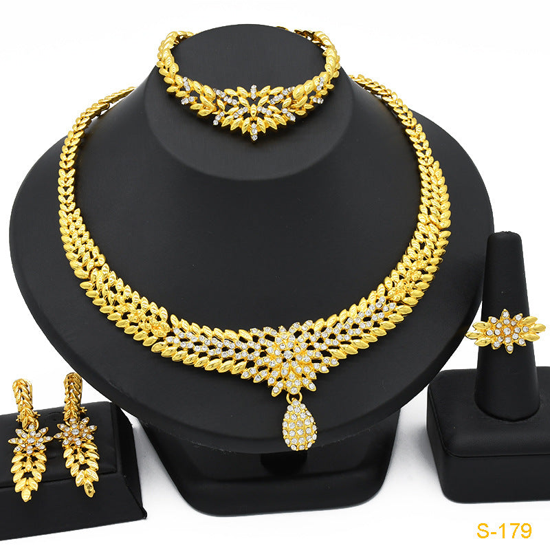 Renevo Dubai Diamond Jewelry Suit Hot Selling African Bridal Wedding Necklace Ring Earring Bracelet 4 PCs Set Suit