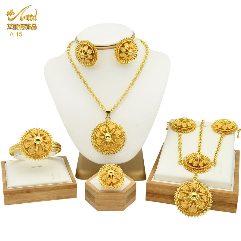 Renevo New Dubai 24K Gold Jewelry Suit African Bridal Necklace Earring Ring Bracelet Hairpin Head Chain Six-Piece Set