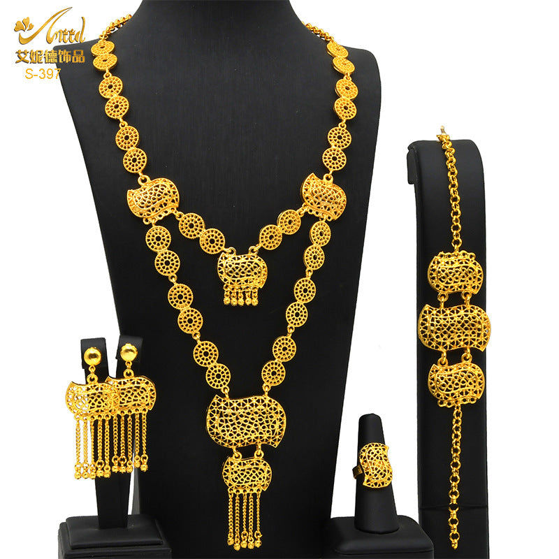 Renevo Gold Plated Pendant Jewelry Suit Bride Wedding Jewelry Alluvial Gold Long Necklace Bracelet Ring Earrings Hot Selling Product