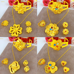 Renevo 24K Gold-Plated Jewelry Suit Flower Three-Petal Grass Pendant Necklace Earrings Bangle Suit Ring Fashion Ornament