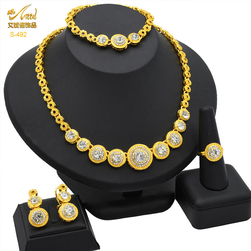 Renevo Dubai Middle East Jewelry Suit Rhinestone Necklace Suit Bracelet Ring Earrings Wedding Necklace Suit in Stock